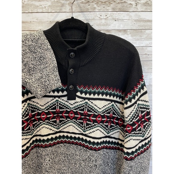 Chaps Other - Chaps Ralph Lauren Mens XXL Sweater Fair Isle Nordic Gray Mock Neck 3 Button